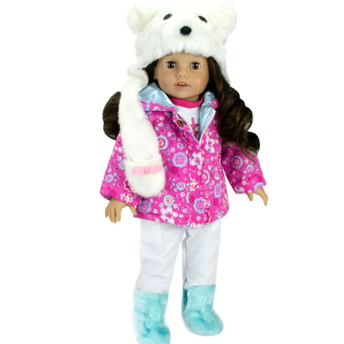 Kids Teamson Sophia's Winter Parka, Snow Pants, Bear Hat and Fuzzy Boots for 18" Dolls, Pink/White/Blue- FINAL SALE