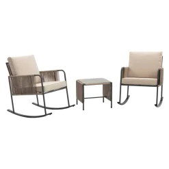Teamson Steel Frame Rocking Chair Conversation Set with Rope Accent Outdoor Furniture