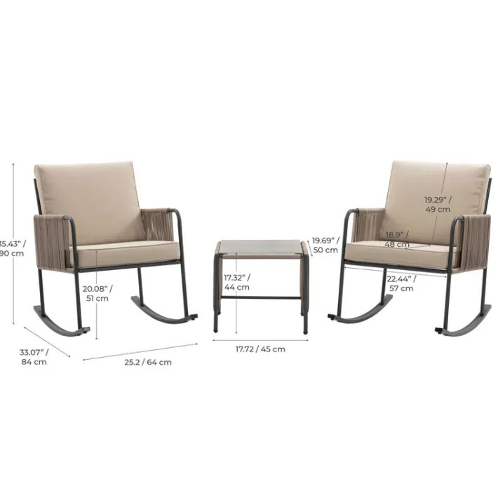 Teamson Steel Frame Rocking Chair Conversation Set with Rope Accent Outdoor Furniture