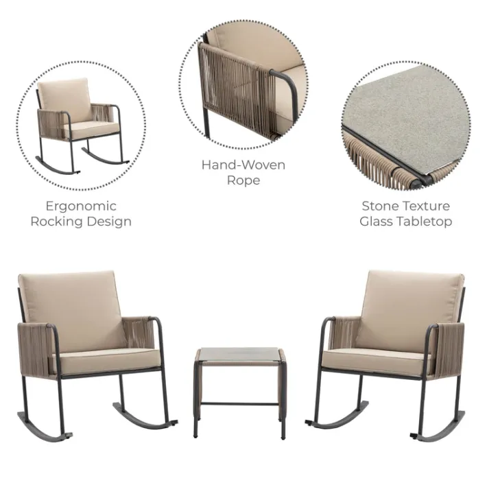 Teamson Steel Frame Rocking Chair Conversation Set with Rope Accent Outdoor Furniture