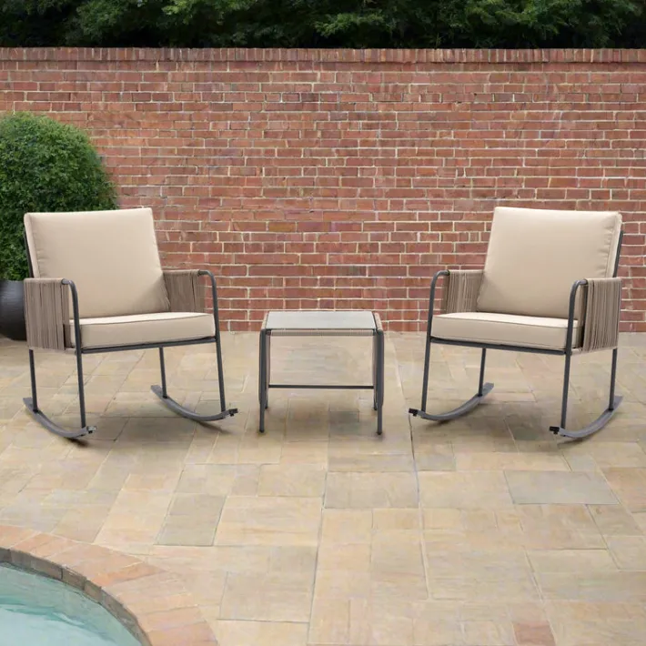 Teamson Steel Frame Rocking Chair Conversation Set with Rope Accent Outdoor Furniture