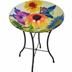 Teamson Home 17.99" Hand-painted Flower Glass Birdbath with Solar LED, Multi