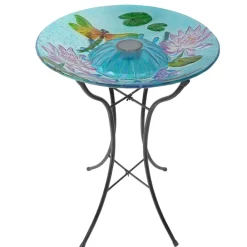 Teamson Home 17.99" Handpainted Dragonfly Glass Birdbath with Solar LED, Multi