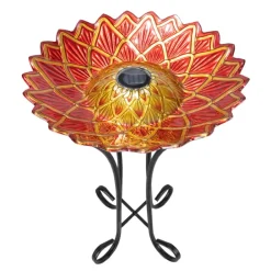 Teamson Home 17.8" Handpainted Flower Glass Birdbath with Solar LED, Red -FINAL SALE