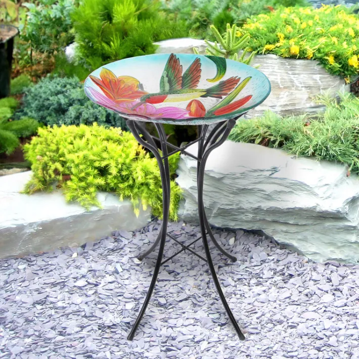 Teamson Home 17.99" Handpainted Hummingbird Glass Birdbath with Solar LED, Multi