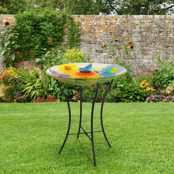 Teamson Home 17.99" Hand-painted Flower Glass Birdbath with Solar LED, Multi