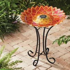 Teamson Home 17.8" Handpainted Flower Glass Birdbath with Solar LED, Red -FINAL SALE