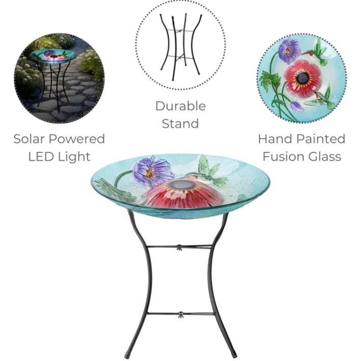 Teamson Home 17.99" Handpainted Hummingbird Glass Birdbath with Solar LED, Multi -FINAL SALE