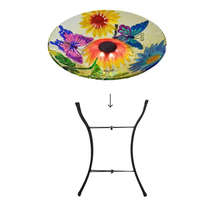Teamson Home 17.99" Hand-painted Flower Glass Birdbath with Solar LED, Multi