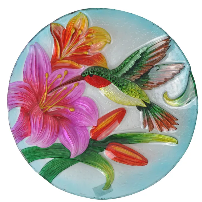 Teamson Home 17.99" Handpainted Hummingbird Glass Birdbath with Solar LED, Multi