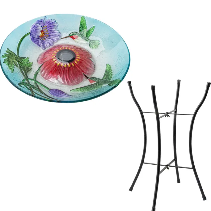 Teamson Home 17.99" Handpainted Hummingbird Glass Birdbath with Solar LED, Multi -FINAL SALE