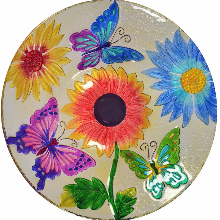 Teamson Home 17.99" Hand-painted Flower Glass Birdbath with Solar LED, Multi