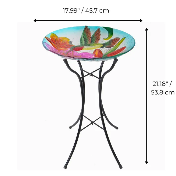 Teamson Home 17.99" Handpainted Hummingbird Glass Birdbath with Solar LED, Multi