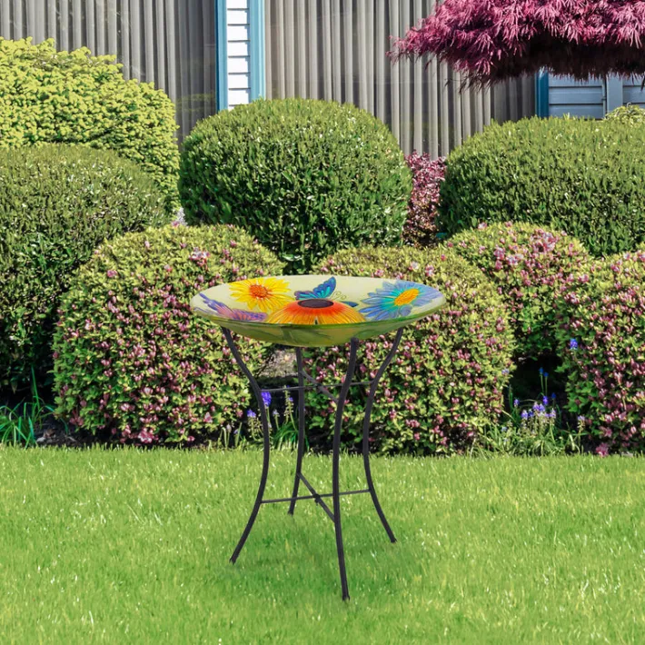Teamson Home 17.99" Hand-painted Flower Glass Birdbath with Solar LED, Multi