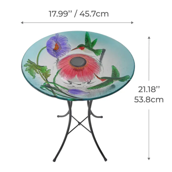 Teamson Home 17.99" Handpainted Hummingbird Glass Birdbath with Solar LED, Multi -FINAL SALE
