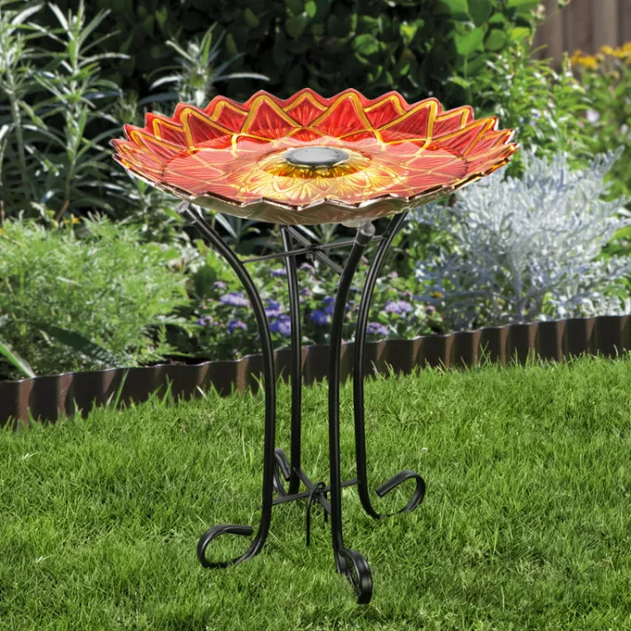 Teamson Home 17.8" Handpainted Flower Glass Birdbath with Solar LED, Red -FINAL SALE