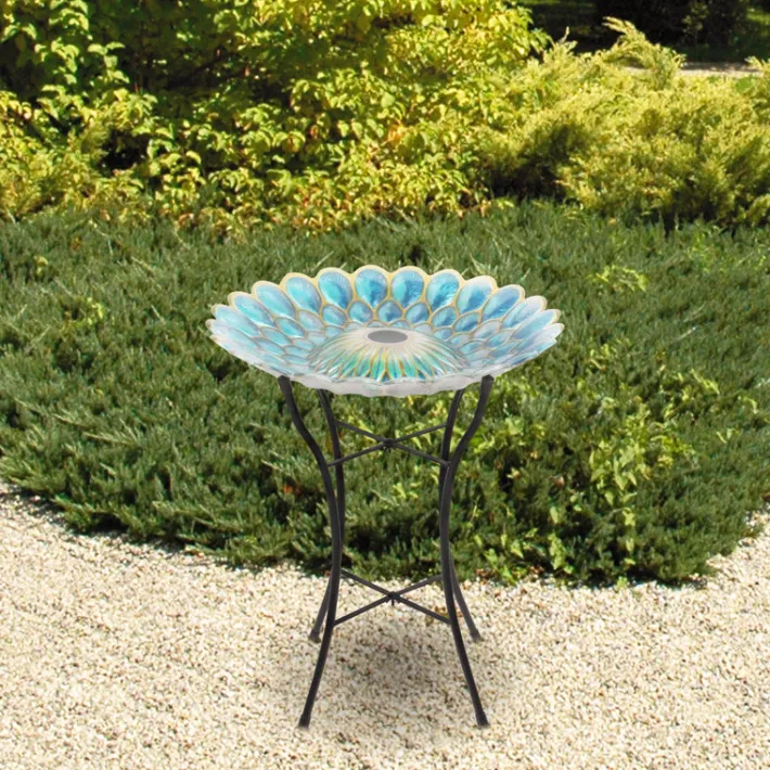 Teamson Home 17.99" Handpainted Flower Glass Birdbath with Solar LED, Multi