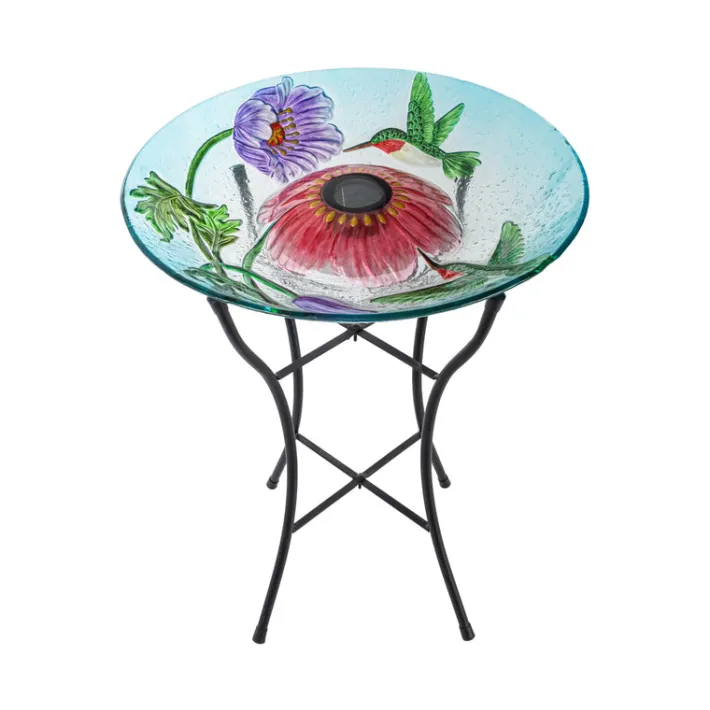 Teamson Home 17.99" Handpainted Hummingbird Glass Birdbath with Solar LED, Multi -FINAL SALE