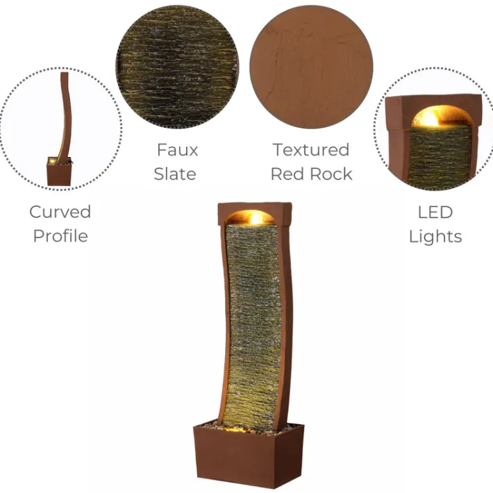 Teamson Home 38.5" Indoor/Outdoor Modern Curved Waterfall Fountain, Red Rock