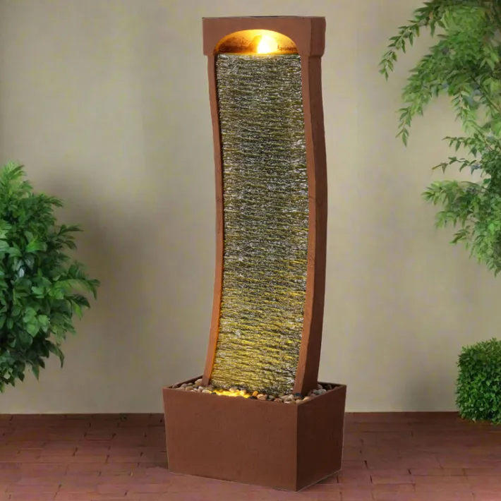 Teamson Home 38.5" Indoor/Outdoor Modern Curved Waterfall Fountain, Red Rock
