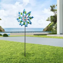 Teamson Home - Outdoor Blue Floral Kinetic Dual Spinner Windmill -FINAL SALE