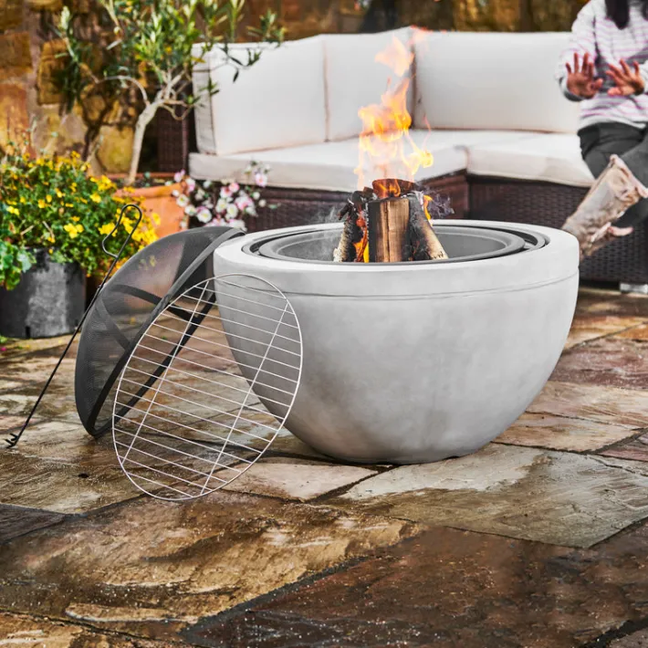 Teamson Home 30" Outdoor Faux Concrete Round Wood Burning Fire Pit with Accessories, Gray- FINAL SALE