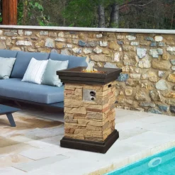 Teamson Home 19.69" Outdoor Faux Slate Rock Propane Gas Fire Pit Plinth with Accessories, Brown- FINAL SALE