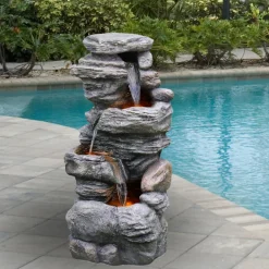 Teamson Home 39.37" Outdoor Faux Stone 4-Tier Water Fountain with LED, Gray