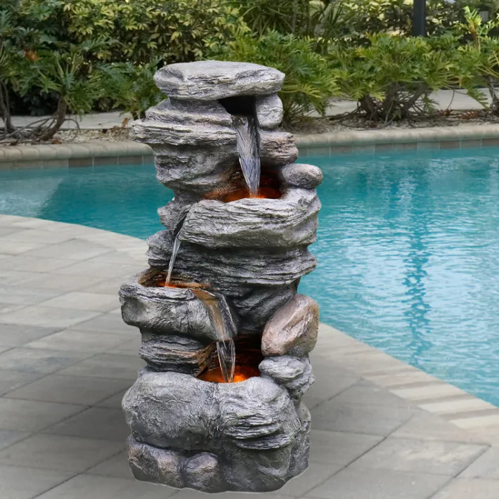 Teamson Home 39.37" Outdoor Faux Stone 4-Tier Water Fountain with LED, Gray