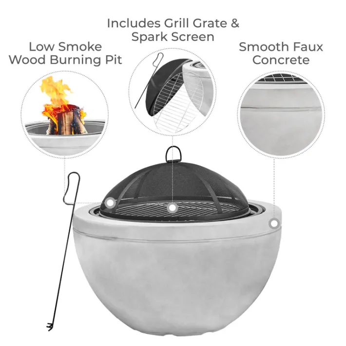 Teamson Home 30" Outdoor Faux Concrete Round Wood Burning Fire Pit with Accessories, Gray- FINAL SALE