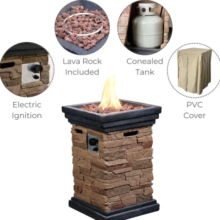 Teamson Home 19.69" Outdoor Faux Slate Rock Propane Gas Fire Pit Plinth with Accessories, Brown- FINAL SALE