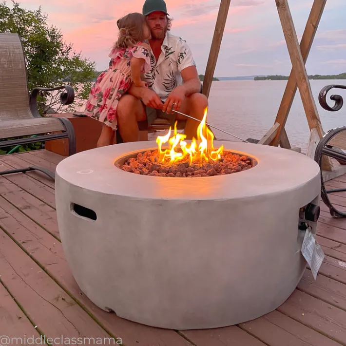 Teamson Home 36.02" Outdoor Faux Concrete Round Propane Gas Fire Pit with Accessories, Gray