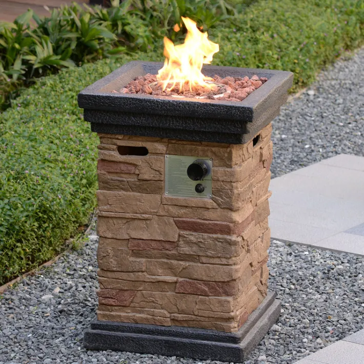 Teamson Home 19.69" Outdoor Faux Slate Rock Propane Gas Fire Pit Plinth with Accessories, Brown- FINAL SALE