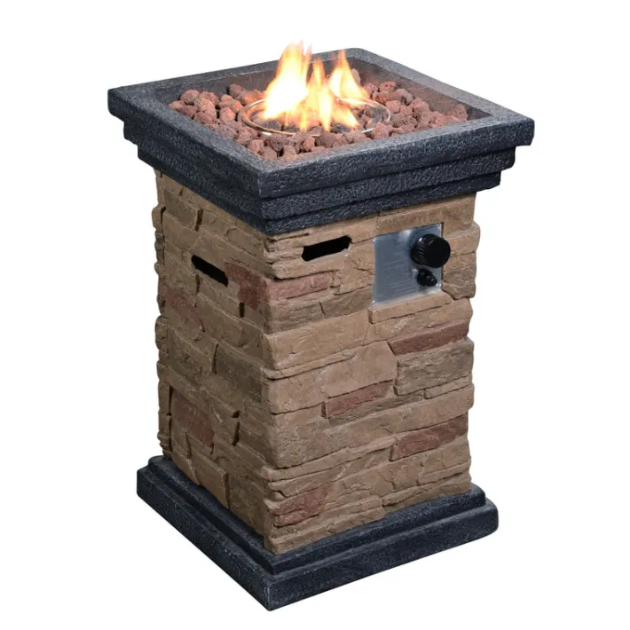 Teamson Home 19.69" Outdoor Faux Slate Rock Propane Gas Fire Pit Plinth with Accessories, Brown- FINAL SALE