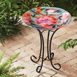 Teamson Home 17.8" Outdoor Handpainted Birds & Flowers Glass Birdbath, Multi -FINAL SALE