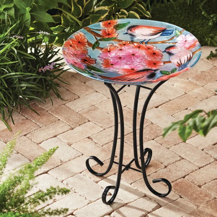 Teamson Home 17.8" Outdoor Handpainted Birds & Flowers Glass Birdbath, Multi -FINAL SALE