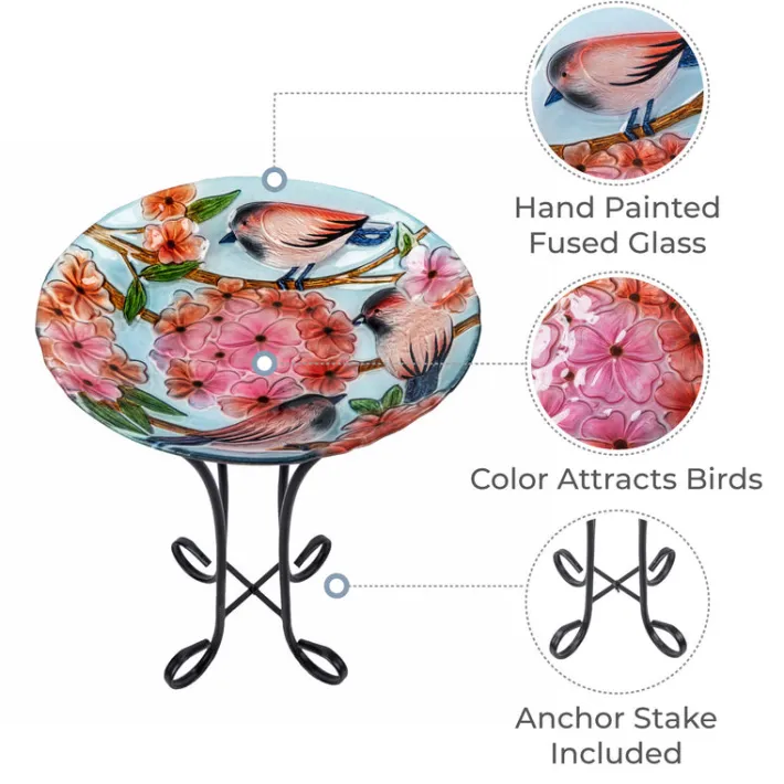 Teamson Home 17.8" Outdoor Handpainted Birds & Flowers Glass Birdbath, Multi -FINAL SALE
