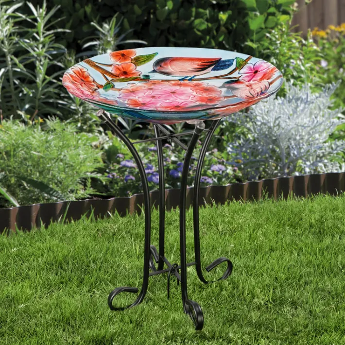 Teamson Home 17.8" Outdoor Handpainted Birds & Flowers Glass Birdbath, Multi -FINAL SALE