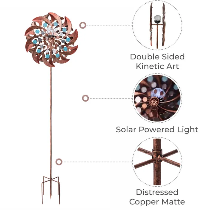 Teamson Home 70.87" Outdoor Kinetic Windmill Sculpture with LED Light, Copper