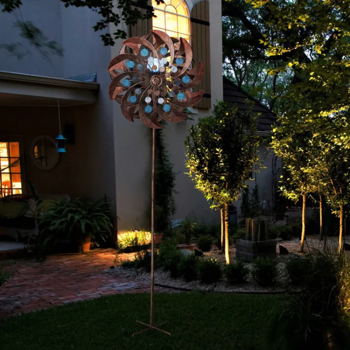 Teamson Home 70.87" Outdoor Kinetic Windmill Sculpture with LED Light, Copper
