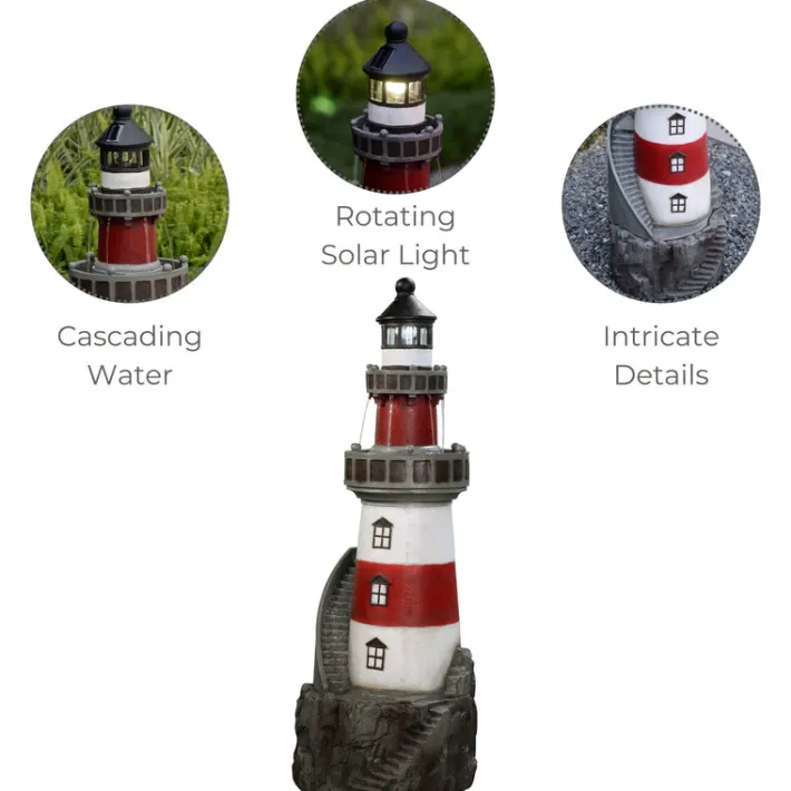 Teamson Home 38.98" Outdoor Lighthouse Solar Water Fountain, Red & White