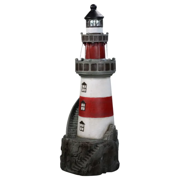 Teamson Home 38.98" Outdoor Lighthouse Solar Water Fountain, Red & White