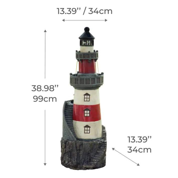 Teamson Home 38.98" Outdoor Lighthouse Solar Water Fountain, Red & White