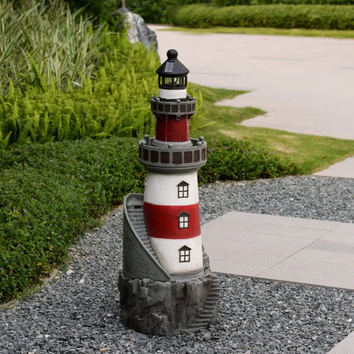 Teamson Home 38.98" Outdoor Lighthouse Solar Water Fountain, Red & White