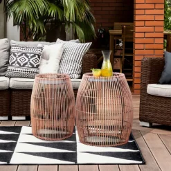 Teamson Home 20.24" Outdoor Open Weave Bohemian Bamboo Drum Side Table with Iron Top, Brown- FINAL SALE