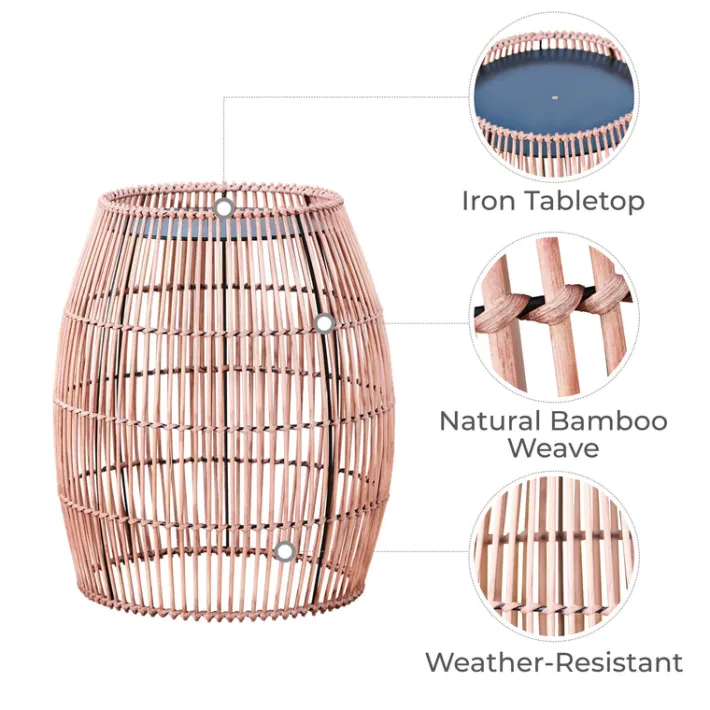 Teamson Home 20.24" Outdoor Open Weave Bohemian Bamboo Drum Side Table with Iron Top, Brown- FINAL SALE