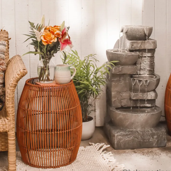 Teamson Home 20.24" Outdoor Open Weave Bohemian Bamboo Drum Side Table with Iron Top, Brown- FINAL SALE