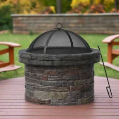 Teamson Home 26.57" Outdoor Round Faux Stone Wood Burning Fire Pit with Accessories, Multi