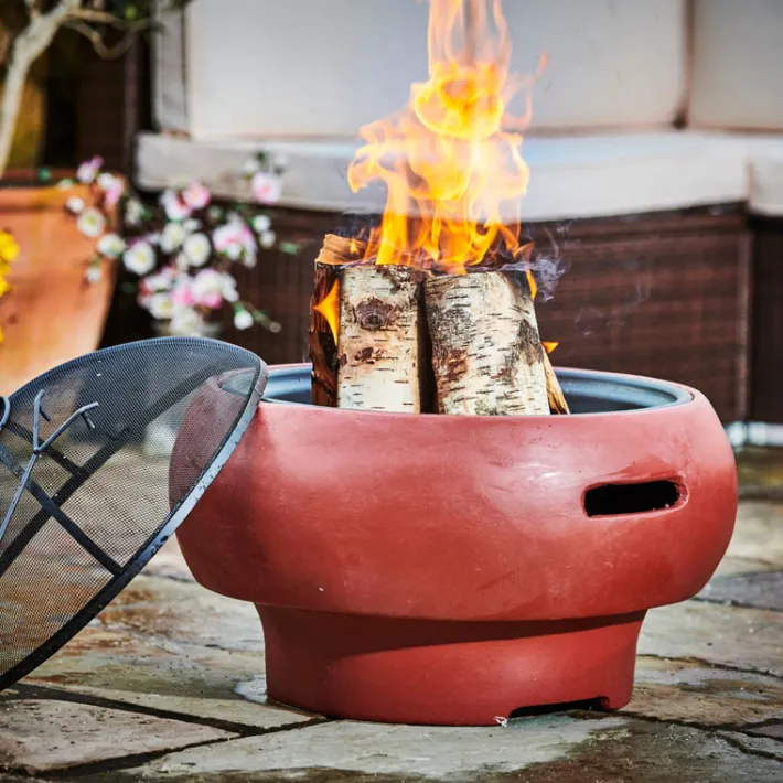 Teamson Home 20.87" Outdoor Round Faux Concrete Wood Burning Fire Pit with Accessories, Red- FINAL SALE