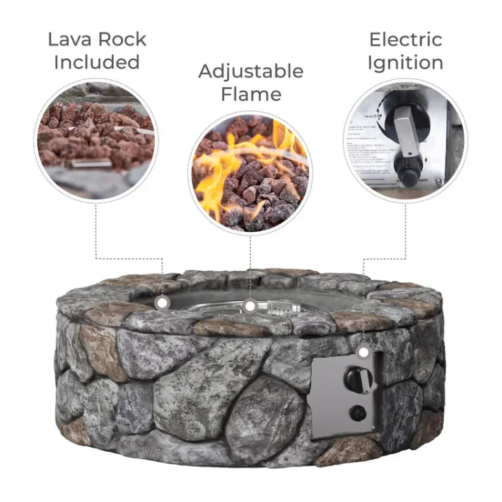 Teamson Home 28" Outdoor Round Faux Stone Propane Gas Fire Pit, Stone Gray